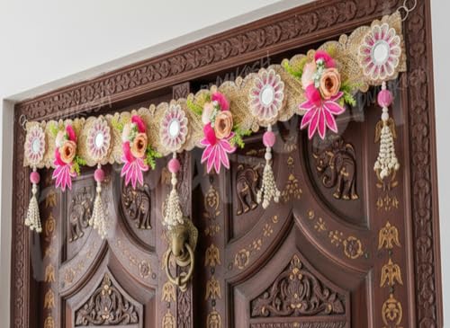 Image of Divyakosh Premium Decorative Flower Toran for Door | Handmade Artificial Floral Bandarwal with Beads & Tassels | Festive Home Decor Toran for Entrance | Traditional Wall Hanging for Diwali, 40 Inch