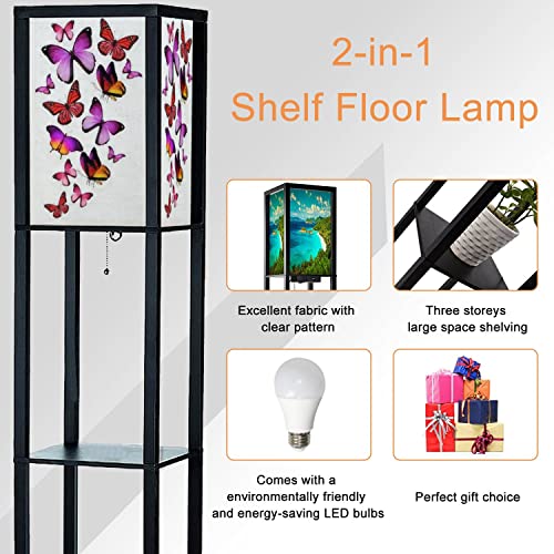 Corner Floor Lamp With Shelves Many Different Butterflies Isolated On White Tall Lamp With Linen Lampshade 3 Color Led Standing Children's Lamp For Living Room Bedroom #TOP6