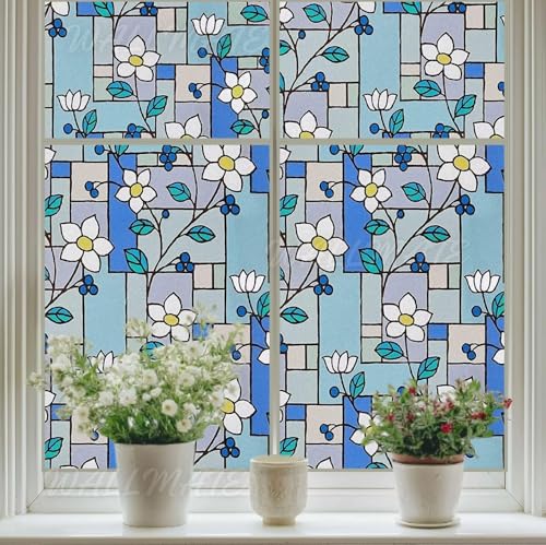 Image of WALLMATE Self Adhesive Window Film Frosted 3D Glass Door Window Frosted Film for Home /Office /Bathroom & Living Room Multicolor Frosted Film (16 x 175 Inch, Jasmin Flower)
