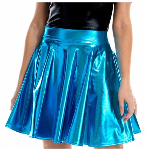 Women's Shiny Metallic Skirt Pleated Flared High Waist Skater A-Line Mini Skirt Night Prom Party Short Pleated Skirts