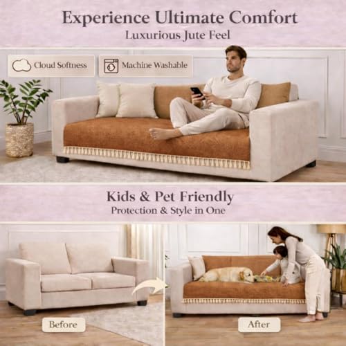 Image of STITCHNEST Jute Sofa Cover - Brown, 24x60 Inch | Soft Textured Fabric with Tassel| Full Coverage Sofa for Living Room Decor