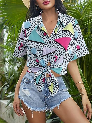 80s 90s Outfits Shirt Women Retro Disco Party Button Up Tshirt Hawaiian Beach Short Sleeve Blouse Top3