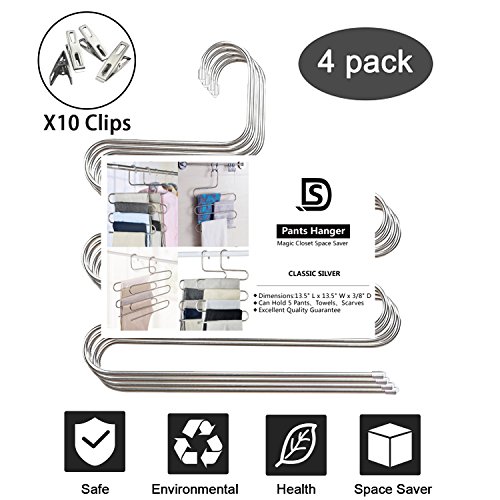 Devesanter Pants Hangers Non-Slip S-Shape Trousers Hangers Stainless Steel Clothes Hangers Closet Storage Organizer For Pants Jeans Scarf (4 Pack With 10 Clips) #TOP6