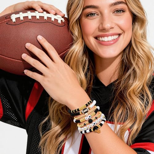 KYNOX Game Day Football Charm Bracelet Stackable Sports Jewelry Perfect for Football Fans Preppy Jewelry Bracelets for Women Handmade Friendship Bracelets Clay Bead (Black White, Rugby) — view 3