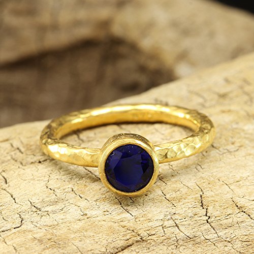 Stackable Birthstone Ring 24K Yellow Gold Vermeil 925 Sterling Silver Hammered Solitaire Cubic Zirconia Bezel Band Stacking Ring