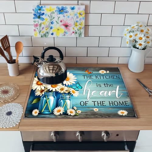 Image of White Daisy Stove Top Cover for Electric Stove, Flower Vase Bottle Stove Top Cover, Blue Butterfly Range Covers, Spring Summer Cooktop Cover Home Decor 28x20 inch, The Kitchen Is the Heart of the Home