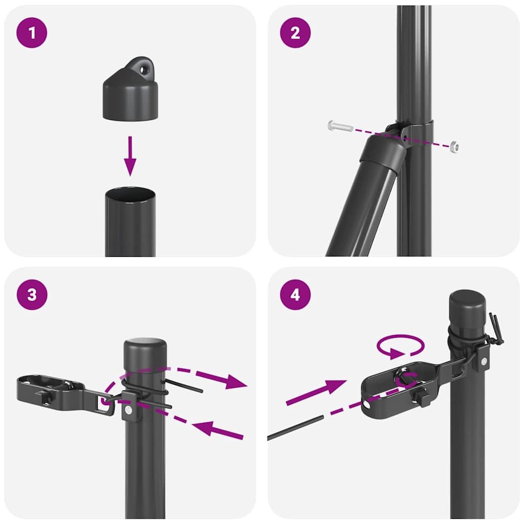 Mangloder - Postes de valla incrustados de acero con recubrimiento en polvo, 52 unidades, color gris, con tapas de plástico y elementos de fijación para jardín, terraza y exteriores para limitar la