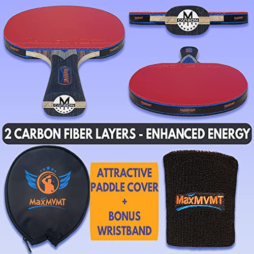 Maxmvmt Ping Pong Paddle - 1 Carbon Fiber Racket - 7 Ply Blade Construction - 1 Wristband - Premium Ittf Approved Rubber - Protective Racquet Case - Attractive Box #TOP2