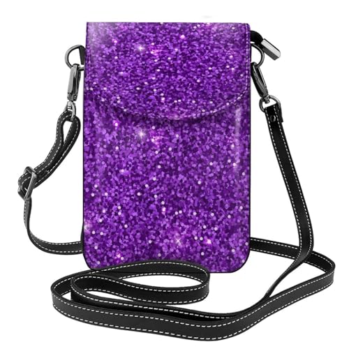 Purple Glitter Print Small Crossbody Bags for Women Leather Cell Phone Purses Mini Leather Shoulder Handbag Adjustable Strap - Main Image