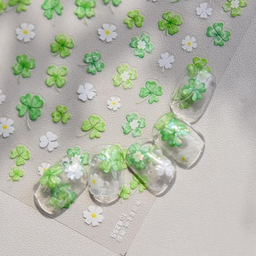 Image of Clover Nail Art Stickers Green White Nail Stickers for Nail Art Spring Plant 5D Embossed Nail Decals Self-Adhesive Nails St Patricks Supplies Manicure Decoration