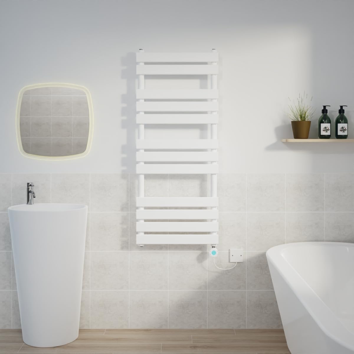 Warmehaus White 1200X500mm Designer Flat Panel Electric Heated Towel Rail Thermostatic Timer Bathroom Towel Radiator 600W
