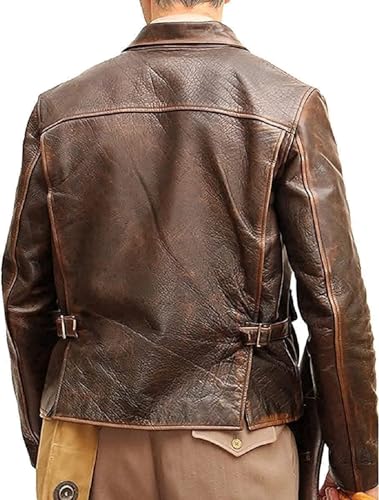Image of Men's Classic Action Cowboy Distressed Brown Indiana Harrison Vintage Lambskin Bomber Leather Jacket