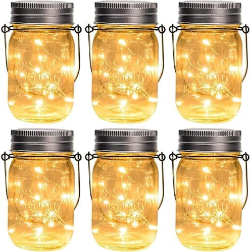 GIGALUMI Hanging Solar Mason Jar Lights, 6 Pack 30 Led Solar Lant...