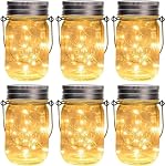 GIGALUMI Hanging Solar Mason Jar Lights, 6 Pack 30 Led String Fairy Lights Hanging Solar Lanterns Outdoor Waterproof, Hangers and Jars Included, Outdoor Decor for Christmas, Wedding, Garden, Patio