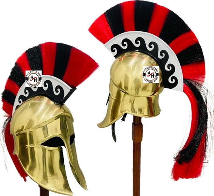 Greek Corinthian Helmet Armor Plume Brass Finish | SCA Medieval Helmet Ancient Roman Helmet with Inner Liner | LARP Reenactment Greek Helmets Mild