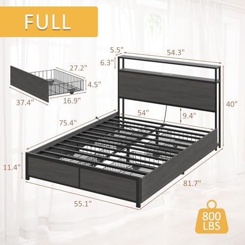 Image of Lifezone Full Bed Frame with 2-Tier Storage Headboard, Metal Platform Bed Frame with 4 Storage Drawers, Built in Charging Station & LED, Noise-Free /Metal Support /No Box Spring Needed, Rustic Grey