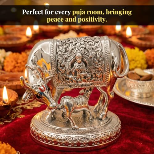 Image of 999 Pure Silver Plated Kamdhenu Cow Idol - 6 Inch Large Auspicious Vastu Home Decor for Pooja Room and Mandir - Sacred Symbol of Prosperity, Abundance and Success