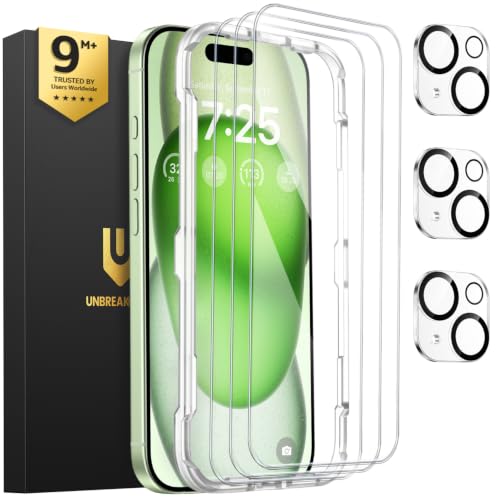 UNBREAKcable iPhone 15 Plus Panzerglas Schutzfolie 3 Stück Verbessertes Doppelt Gehärtetes Glas + 3 Kamera Schutz Military-Grade 9H Härte HD-klar Anti-Fingerprint Hüllenfreundlich 6 7 Zoll