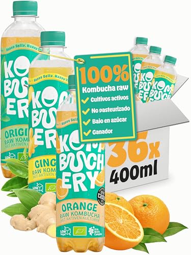 KOMBUCHERY® Kombucha Mix ORGÁNICO crudo | 36 x 400ml | Té fermentado con cultivos activos para el intestino | Bajo en azúcar y en calorías | Sin pasteurizar, probiótico