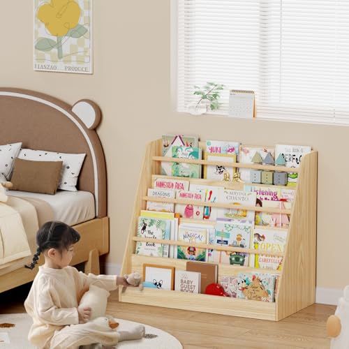 Image of Lkeiyay Montessori 4-Tier Front Facing Kids Bookcase, Natural | 4-tier front-facing Montessori rack with 3 solid beech rods & rounded edges, kids picture book storage for nursery, playroom