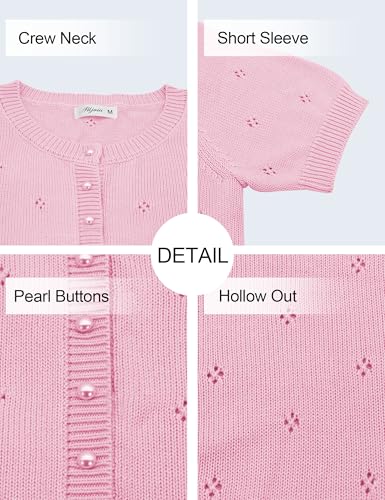 Image of Womens Cardigan Short Sleeve Lightweight Cropped Sweaters 2025 Summer Button Up Shirts Crew Neck Crochet Knit Top