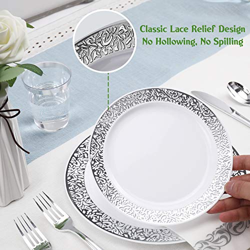 175 Piece Silver Dinnerware Set 25 Guest-50 Silver Lace Plastic Plates-25 Silver Plastic Silverware-25 Silver Plastic Cups-25 Linen Like Silver Paper Napkins, Focusline Disposable Dinnerware Set #TOP2