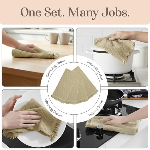 Image of Kitchen Towels, Set of 4 Hand Towels, Sage Taupe Diamond Pattern Drying Towels 18 x 28 Super Absorbent Cotton Hand Cloths with Fringed Edges, Everyday Essentials Kitchen Linens