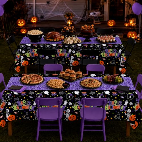 Image of 2 Pack Halloween Tablecloth, 54 x 108 Inch Disposable Plastic Table Cover, Purple Halloween Party Decorations for Halloween Decor Party Supplies
