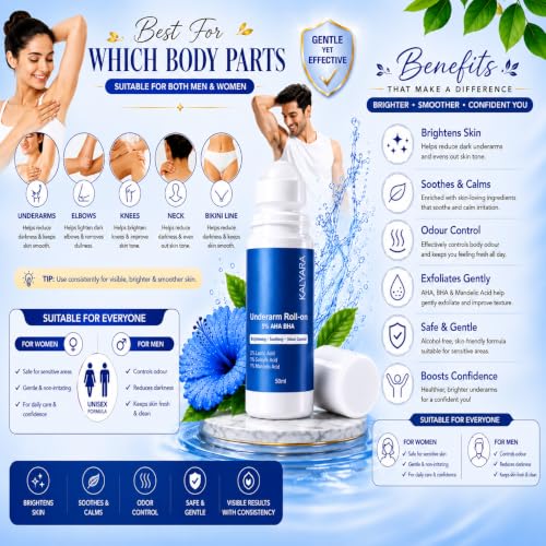 Image of kalyra Underarm Roll-On Deodorant, 5% Potassium, Brightening, Odour Control & Smooth Skin, for Men & Women 50ml (pack-1)