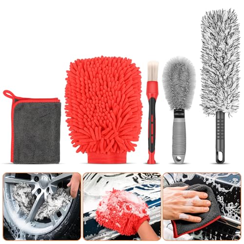 Preciva Auto Reinigungsset, 5tlg. Auto Reinigungsbürsten Set für Auto Reinigung Innenraum und Außen inkl. Mikrofaser Felgenbürste Harten-Borsten-Bürste Weiche-Bürste Waschhandschuh und Trockentuch