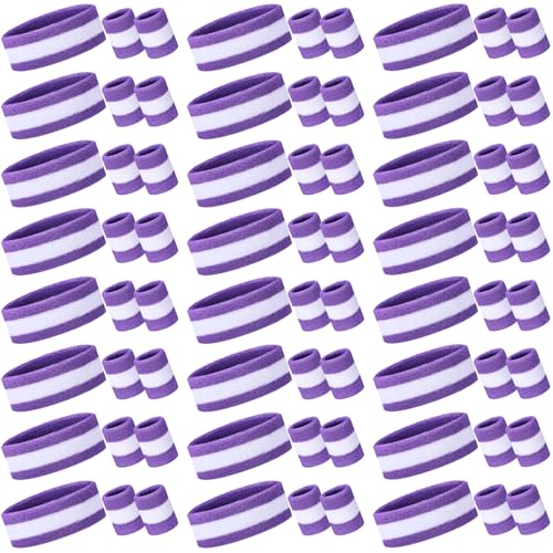 Image of 72 Pcs Bulk Striped Sweatband Set Include 24 Pcs Sweat Absorbing Striped Headbands and 48 Pcs Sweatbands Wristbands Cotton Athletic Sweat Bands for Men Women Gym Sports Workout