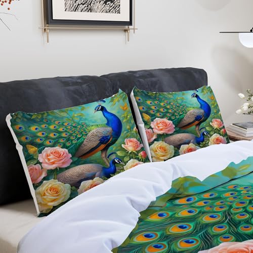 Housse de couette 220x240 paon 3D en microfibre avec 2 taies