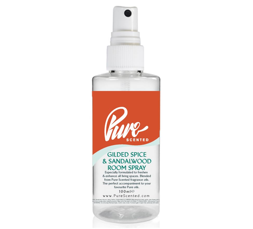 "Pure Scented 100ml Room & Fabric Sprays Suitable For Home, Car, Caravan, Work, Gym Bags, Odour Eliminators (1 x 100ml, Gilded Spice & Sandalwood)"