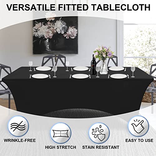 Outdoorlines Fitted Tablecloth Black Table Clothes For 6 Foot Rectangle Table - Elastic Spandex Massage Bed Table Cover, Stretch Wrinkle Free Table Covers For Party, Wedding, Birthday, Banquet, Vendor #TOP2