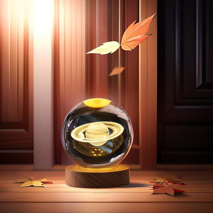 BEHAHAI Crystal Ball Night Lamp, 3D LED Table Light with Wooden Base, USB Powered, Home Office Decor. (Saturn) 3