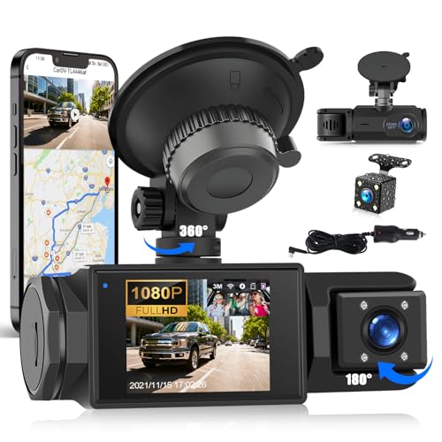 SIXTOP Dash Cam Auto a 3 Canali Anteriori e Posteriori, 2,0 Pollici Schermo 1080P, Tripla Telecamera...