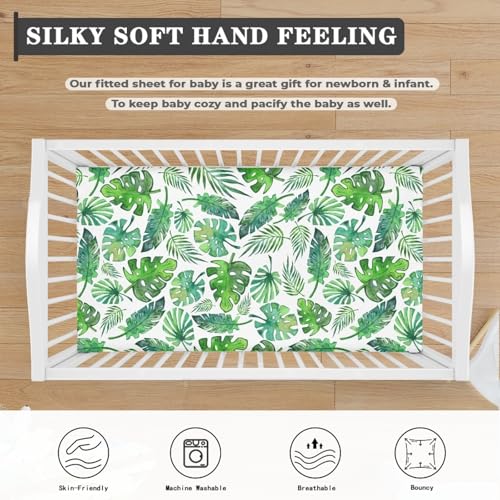 Image of Tropical Leaf Baby Crib Sheets for Boys Girls Green Leaves Fitted Crib Sheet for Standard Crib and Toddler Mattress Cute Plants Leaf Baby Mattress Sheets Toddler Bed Sheet 52x28x8 in