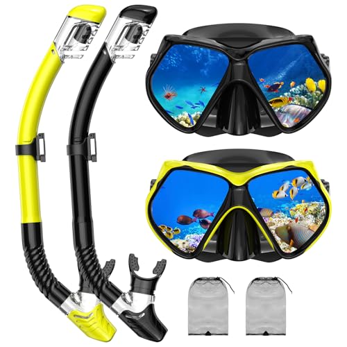 Snorkeling Gear for Adults, Snorkel Set Scuba Diving mask Dry-Top, Adult Swimming Goggles w/Nose Cover, HD Tempered Glass Panoramic Anti-Leak Anti-Fog, Travel Snorkeling Packages