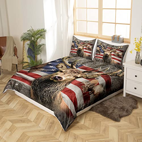 American Flag Deer Comforter Set Queen Size, Brown Wildlife Animal And Trees Theme Bedding Comforters For Children Adult, Colorful Usa Flag Print Natural Polyester Duvet Set With 2 Pillowcases #TOP2