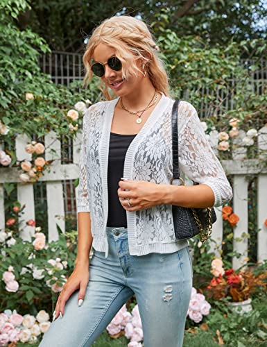 Image of Xunger Women's 3 /4 Sleeve Lace Cardigan Casual Open Front Floral Lace Shrug Summer Cover Up