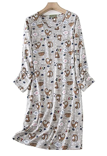 Chung Women's Cotton Nightgowns Long Sleeve Crew Neck Vivid Print Nighties Sleepshirts Dress Sleepwear Autumn Winter (X-Large, Coffee Cat) #TOP2