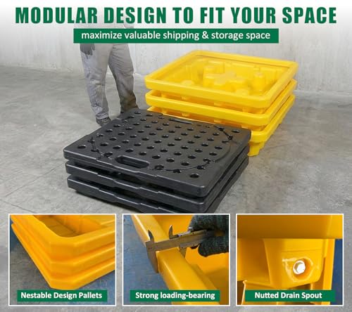 Natotela Low Profile Spill Containment Pallet Platform with Drain 1 Drum 11.35 Gallon Sump 26.6x26.6x5.9inch 1102 lbs Load Capacity Industrial-Strength LDPE Containment Tray for Industrial Storage