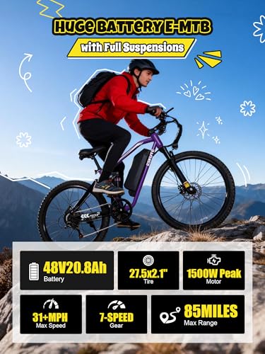 Image of ESKUTE M200F Electric Bike for Adults - 27.5 inch Tire Mountain E-Bike, 1500W Peak Brushless Motor 31+MPH, 48V 20.8Ah Removable Battery, Up to 80 Miles, Step Over Commuter E-MTB, Full Suspensions