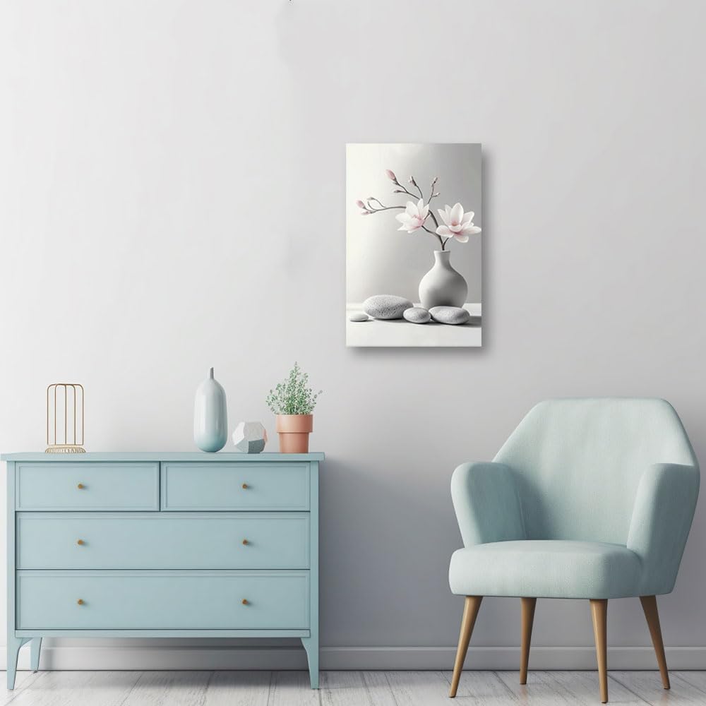 CCWACPP Zen Wall Art Magnolia Canvas Print Zen Stone Pictures Spa Painting Poster Meditation Spirit Bathroom Yoga Room Office Decor Framed (12.00" x 18.00")