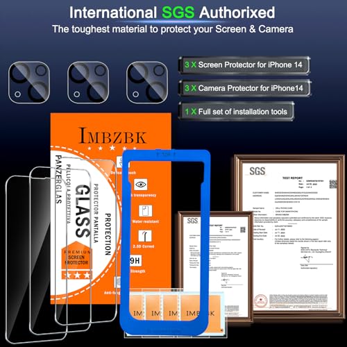 IMBZBK für iPhone 14 für Panzerglas, Auto-Installation, mit Kameraschutz, 9H+ Härte Schutzfolie, Militärstandard Schutz Folie, Stoßfest Kratzfest, 3+3 Stück 5