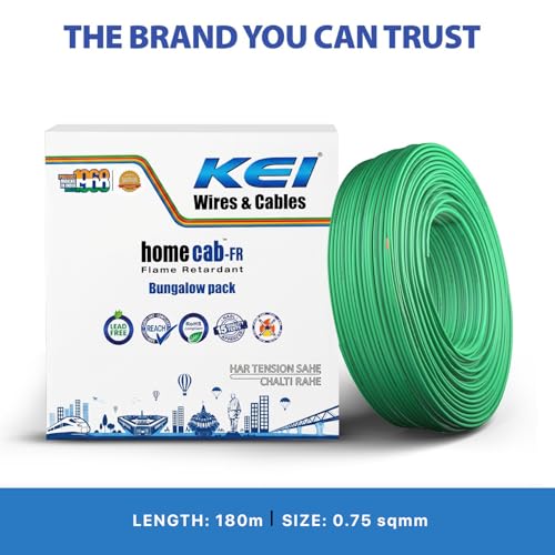 Image of KEI WIRES & CABLES Homecab 0.75 sqmm 1 Core 99.97% Pure Copper Conductor Flame Retardant House Wire PVC Insulated Cable for Domestic & Industrial Electrical Wiring (Green, 180 Meters)