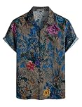 PARKLEES Men's Casual Linen Hawaiian Shirt Short Sleeve Button Down Shirts 70s Hippie Beach Vacation Tops Gray Peony Large