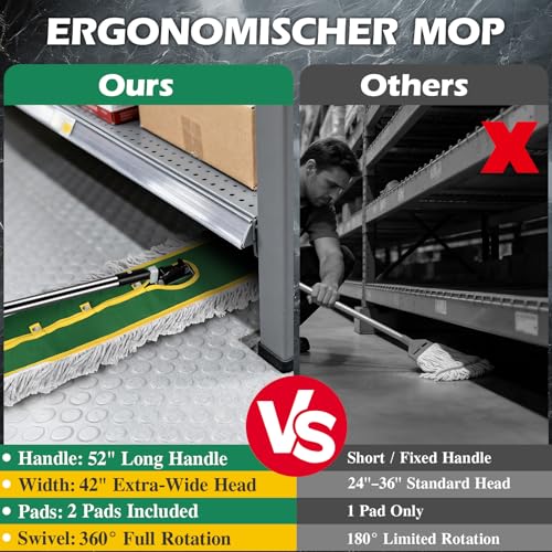 Image of 42 inch Commercial Dust Mop for Floor Cleaning, MASTERTOP Large Flat Mop with Long Handle, Sweeping Broom with 2 Different Mops Pads, Industrial Mop for Hardwood, Tile, Gym, Office, Mall, Warehouse