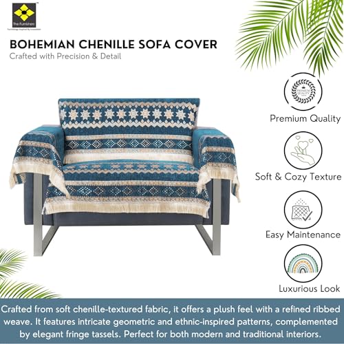 Image of Elegant Woven Turquoise Sofa Cover Soft Chenille Traditional Pattern with Lace Style | L-Shape Sectional Seat Protector for Living Room | Durable & Stylish Slipcover 1 Seater with Arms