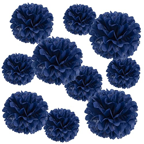 Image of 10 Pcs Paper Pom Poms Flowers for Wedding, Birthday Party, Baby Shower, Nursery Decor, Bachelorette Party Hanging Decor, Easy Joy (10 inch, Navy Blue)